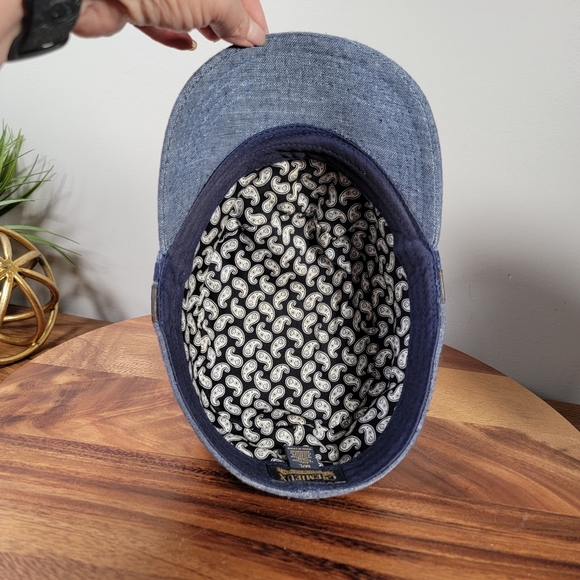 Cremieux Cadet Cap Women's Size M / L Blue Chambray Denim and Brown Faux Leather - Picture 12 of 16